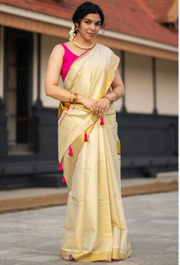 Women's Kerala Kasavu Golden Tissue Saree With Pink Border